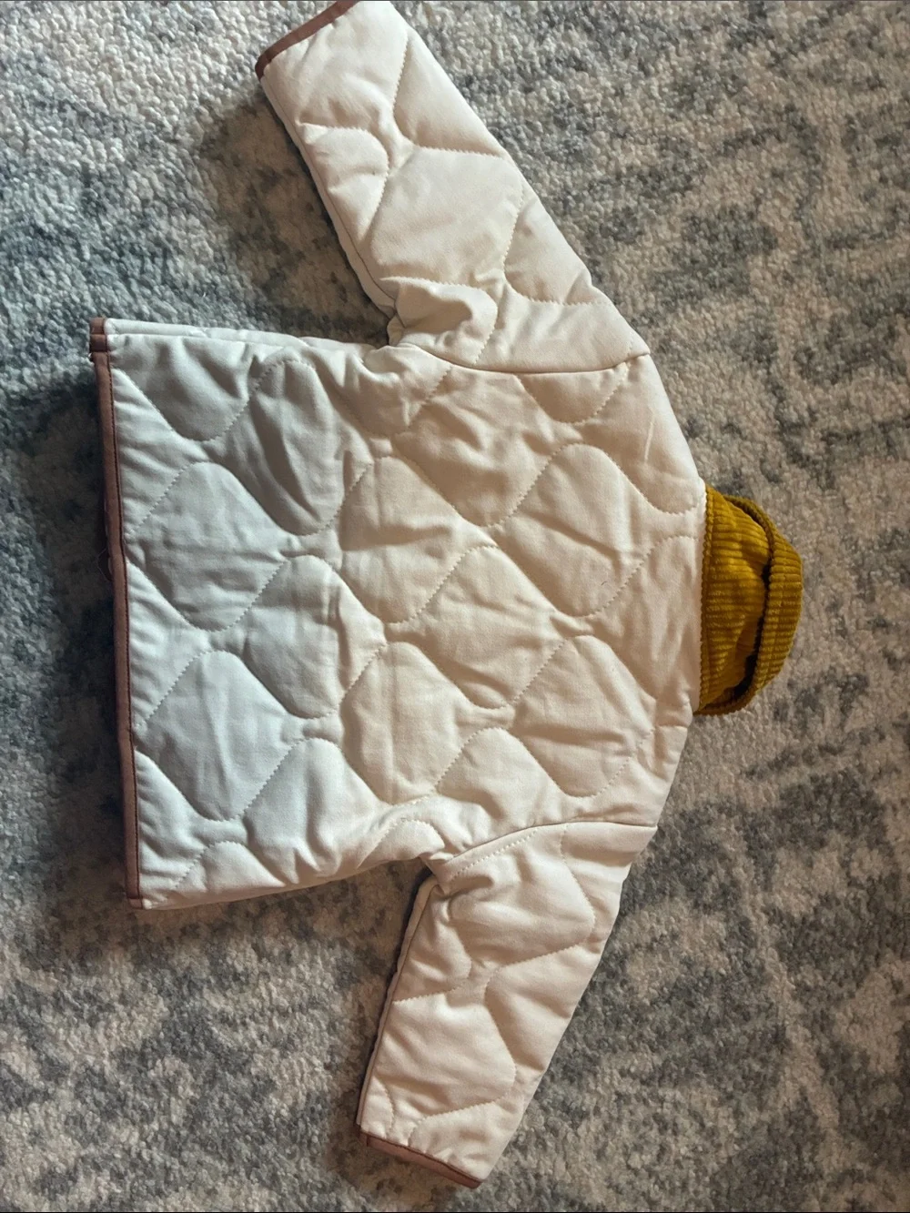 Old Navy Cream Quilted Jacket with Mustard Collar and Brown Pockets